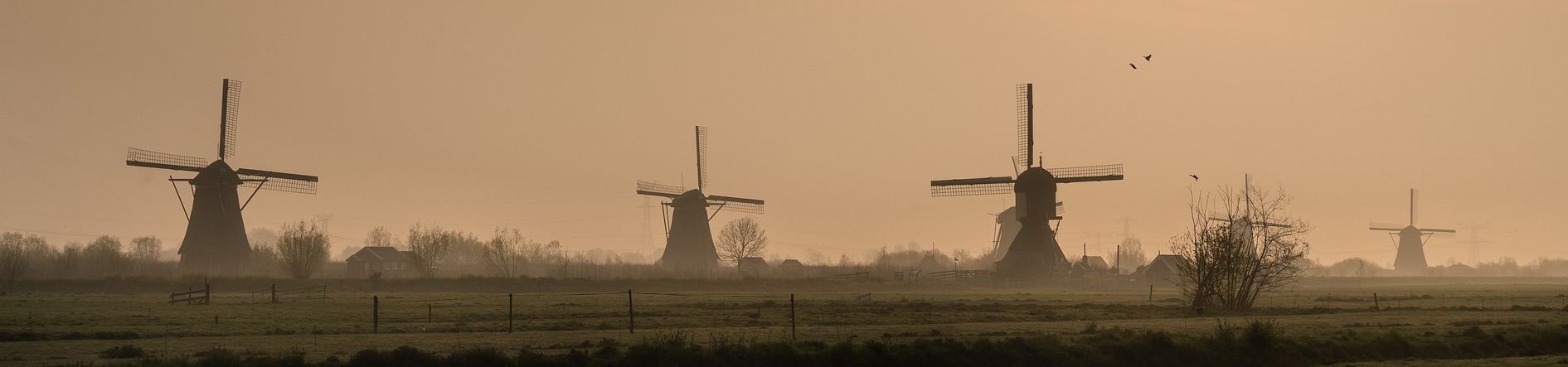 Imagem de vários moinhos de vento no horizonte, sob um céu alaranjado.